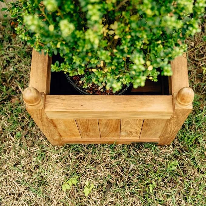 Ash & Ember Grade A Teak 25in Square Planter Box, Indoor Outdoor Large Cubed Flower Box, Weather Resistant Backyard Decor