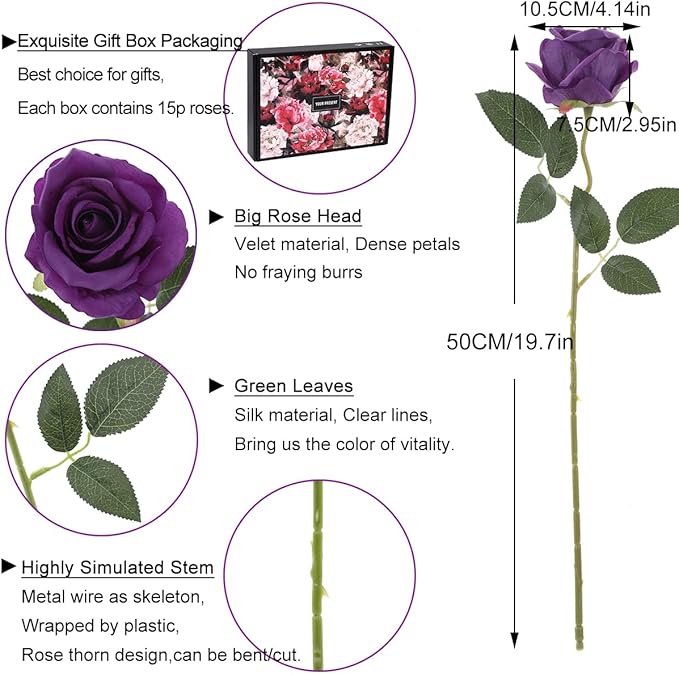 15Pcs Purple Roses Artificial Flowers Fake Roses Long Stem Velet Rose Silk Flowers for Home Wedding Decoration (Round Roses,Pure Purple)