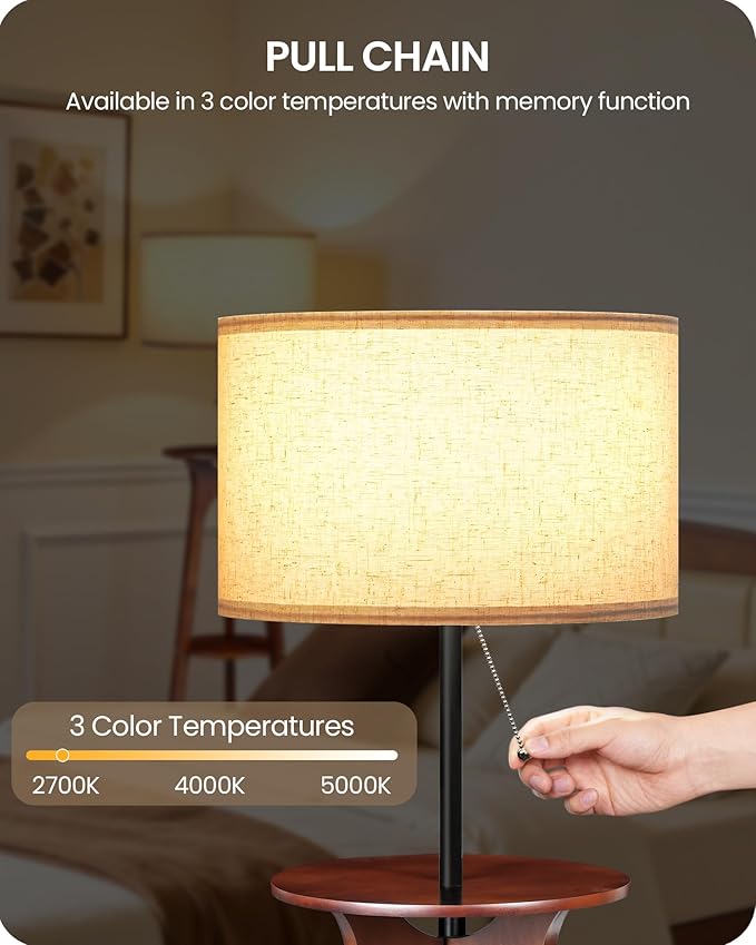 3 Tier Shelf Floor Lamps, Wood Tripod Floor Lamp, Large Linen Lampshade, 3 Color Temperature LED Bulb Included, Modern Shelf Floor Lamp for Living Room Bedroom Beige and Walnut STE25LD05