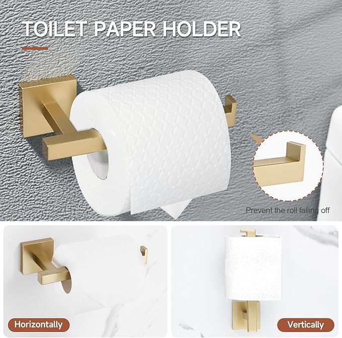 TQKAG Brushed Gold Bathroom Hardware Accessories Set 10 Pieces, 23.6" SUS304 Stainless Steel Towel Bar Set Wall Mounted Includes Single Towel Bar, Towel Ring, Toilet Paper Holder, Double Towel Hooks