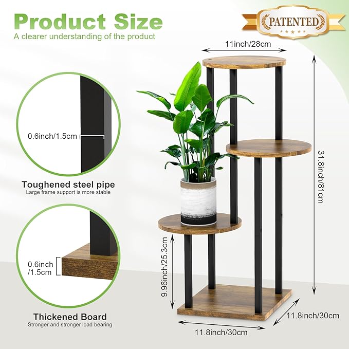 4 Tier Wood Tall Plant Stand Metal Rack Indoor, Multiple Flower Pot Holder Shelves Corner Rack, Round Planter Shelf Display Rack Storage Organizer for Patio Living Room Balcony(Black+Brown)