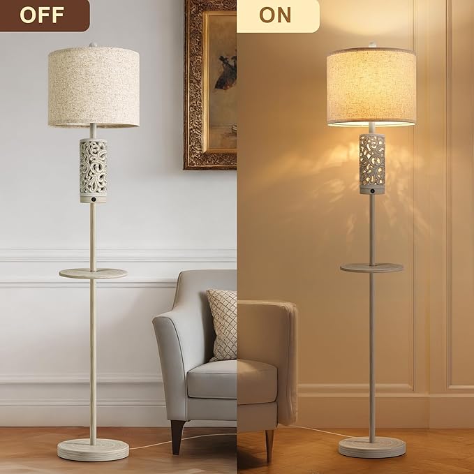 OYEARS Dimmable Farmhouse Floor Lamp for Living Room, 2-in-1 Rustic Floor Lamp with Main&Night Light,Linen Shade&Dual Switches, 65" Standing Lamp for Bedroom Office Corner Dining Room, Wood Pole Lamp