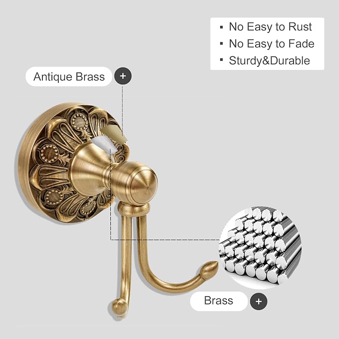 Antiuqe Brass Towel Hook, Brass Bathroom Robe Hook, Rustic Double Towel Hooks Bath Farmhouse Coat Clothes Hook Wall Mounted for Bathroom Kitchen Storage Vintage
