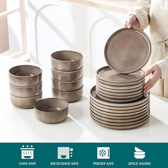 vancasso PLAYA Plates and Bowls Sets, 24 Pieces Dark Brown Dinnerware Sets for Kitchen, Reactive Glaze Dishes Set for 8, Dishwasher and Microwave Safe