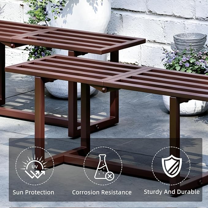 Plant Stand Indoor Outdoor, Foldable Metal Plant Shelf for Multiple Pots, Mid Century Slatted Bench for Patio Garden, Heavy Duty Capacity 330 lbs 2 Pack Coffee