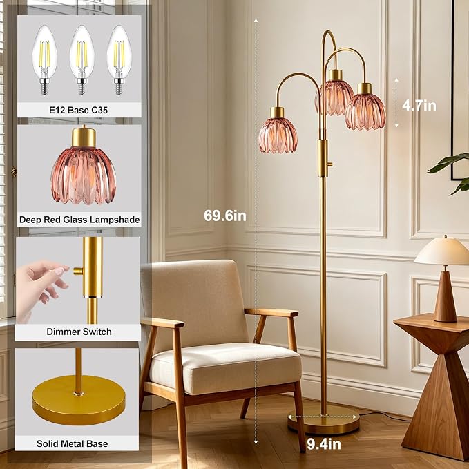 3-Light Glass Floor Lamp, 70" Gold Dimmable Standing Tall Lamp with Deep Red Ribbed Glass Shades &3PCS 3000K Warm White Bulbs, Modern Tree Pole Lamp for Living Room Bedroom Home Office Corner Decor