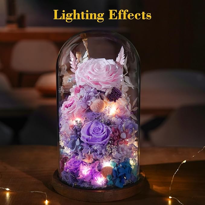 Flowers for Delivery - Forever Flowers Rose in Glass Dome with LED Lights, Large Size Preserved Roses Gifts for Women, Mom, Wife, Friend -Birthday, Anniversary, Valentine's Day Gift (Pink + Purple)