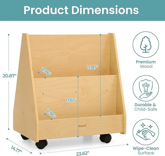 Double-Sided Kids Bookshelf, Premium Book Shelf for Kids Rooms, Toddler Book Rack Organizer with Wheels, Wooden Montessori Bookshelf & Book Storage Display for Classroom, Preschool, Nursery