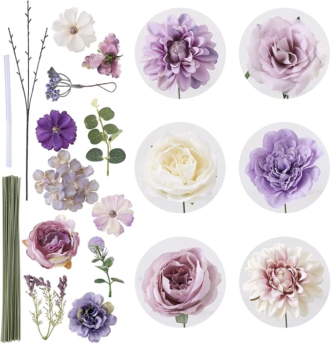 Floweroyal 2 Layers Artificial Flowers Combo Purple Flowers Mix Silk Flowers Dahlia Roses with Stems for Wedding Bridal Bouquets, Baby Shower, Floral Arrangement, Table Centerpieces