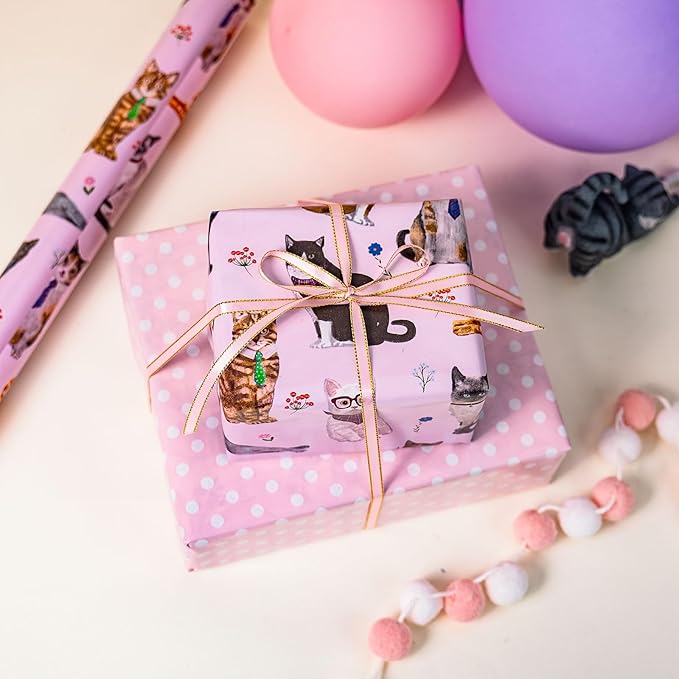 Burymento Pink Lovely Cat Wrapping Paper, Reversible Wave Point Gift Wrap for Birthday, Valentines, Mothers day, Graduation, Wedding, Fathers day, Baby Shower, Christmas (17in x 16.4ft)