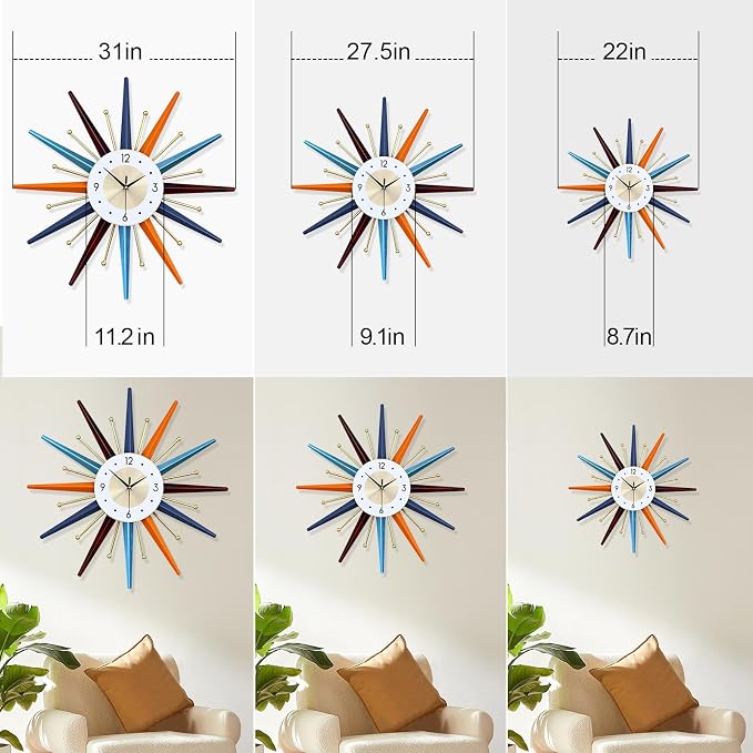 Large Wall Clock 22 Inch Modern Wall Clock Starburst Mid-Century Modern Decor Non-Ticking Battery Operated Colorful Clock Home Decorations for Living Room Bedroom Kitchen Office