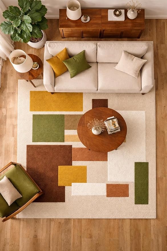 Hand Tufted Wool Geometric Rug-Mid-Century Modern Abstract Geometric Wool Earth Tone Green, Mustard & Terracotta Rug - Handmade Tufted Area Rug for Home Decor (4x4 Square Feet)