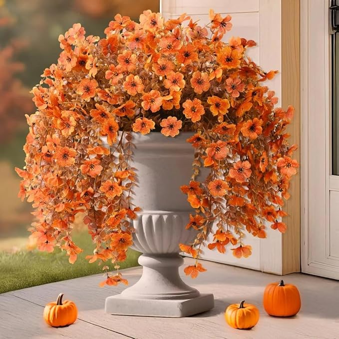 Artificial Fake Fall Flowers Faux Mums for Outdoor Decoration, 2 Pcs Fake Silk Daisy Flower Plants Realistic UV Resistant for Home Porch Balcony Patio Autumn Decor(Orange