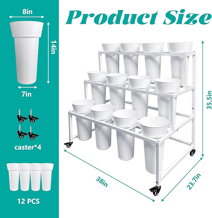 PROLEE Flower Stand with 12 Buckets, Flower Display Stand with Wheels, Flower Cart, Moving Florist Bouquet Shelf, Rectangular, White