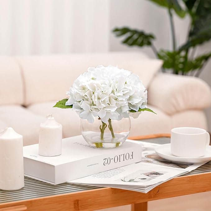 Artificial Hydrangea with Fake Water in Vase, Real Touch Faux Flowers, Silk Fake Hydrangea Flower Arrangement with Faux Water for Home Office Bathroom Wedding Table Centerpiece Decor(White)