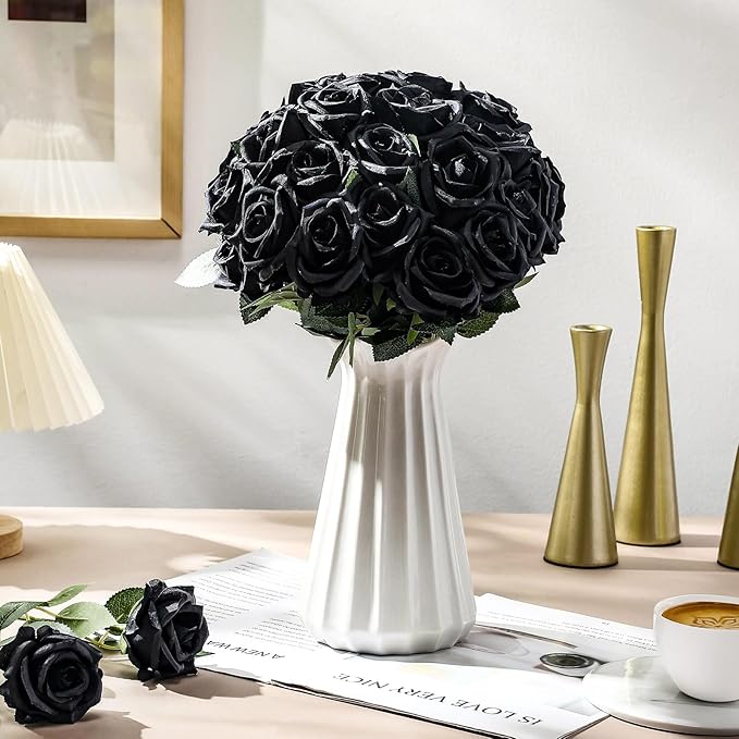 30 Pcs Rose Artificial Flowers in Bulk Real Touch Long Stem Silk Roses Bouquets Realistic Faux Flowers for Wedding Bridal Shower Home Decor Floral Arrangements Table Centerpiece(Black)