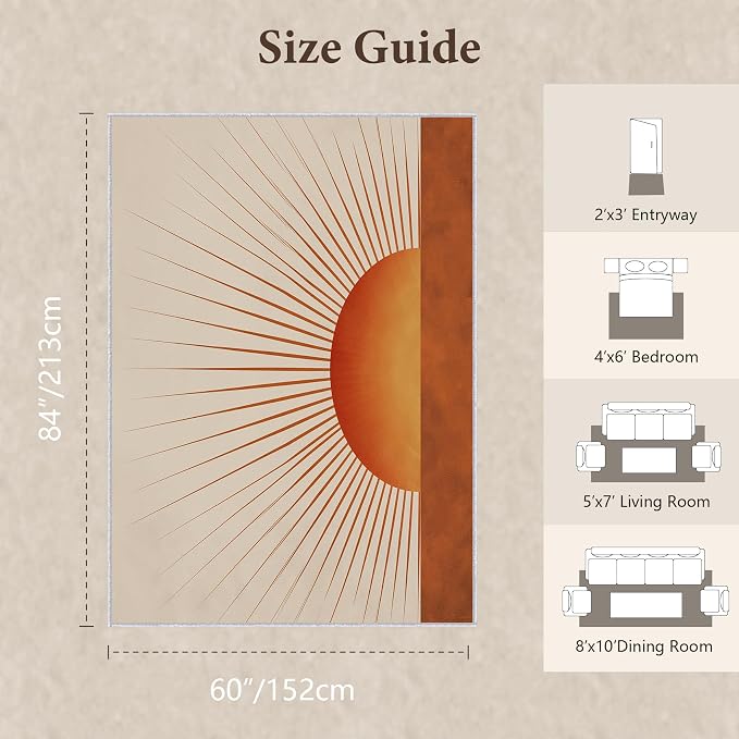Sunburst Area Rug 5x7, Retro Sun Design Rug, Mid Century Modern Carpet for Living Room Bedroom, Soft Non Slip Washable Area Rug