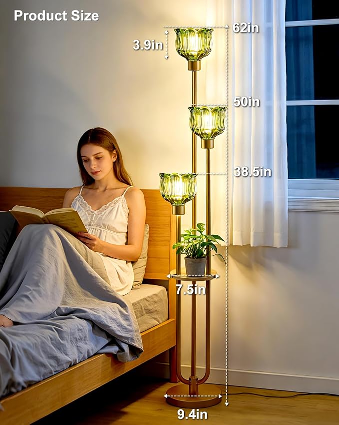 Lightdot Glass Floor Lamp for Living Room 3-Lights Modern Gold Floor Lamp with Green Glass Shade 3000K Bulbs Included Unique Tall Standing Lamp with 5Lb Heavy Base for Bedroom/Sofa Beside/Corner Decor