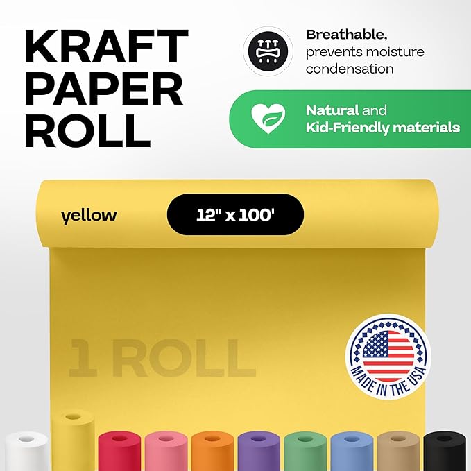 12" x 1200" (100 feet) Yellow Kraft Paper Roll - USA-Made Quality Craft Paper for Gift Wrapping, Kids' Arts & Crafts, School Projects - 100% Recycled Natural Material 50lb Thickness by IDL Packaging