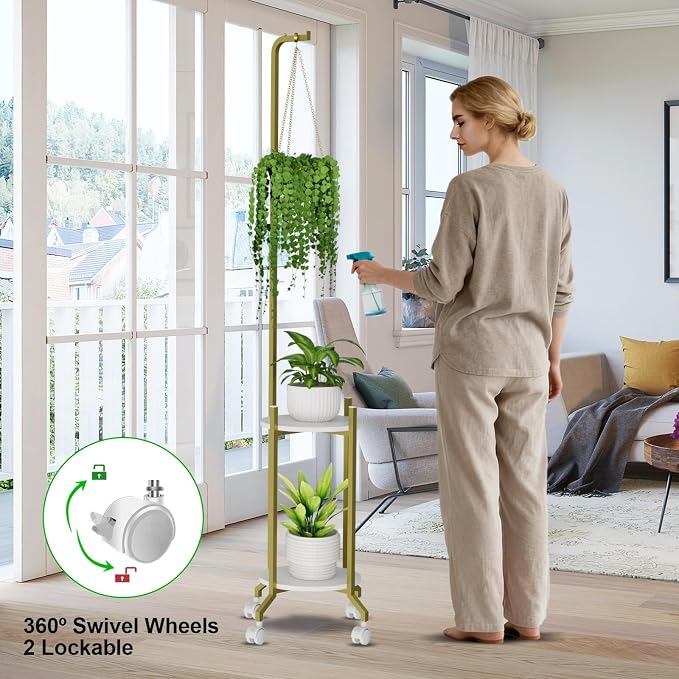 VyGrow Plant Stand Indoor, 2 Tier Hanging Tall Plant Shelf with Wheels, 3 Potted Corner Flower Stand Metal Plant Holder, Plant Shelves for Living Room, Bedroom, Patio, Outdoor, Gold