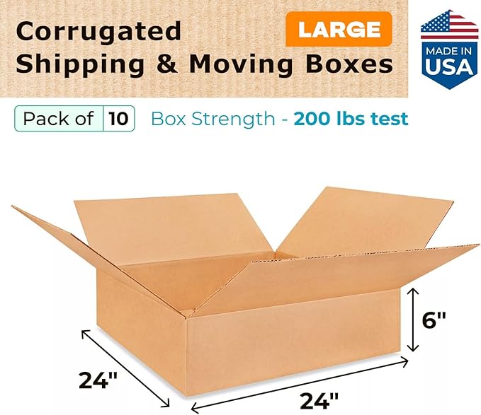 Large Shipping & Moving Boxes 24x24x6 inches (10-Pack) - Extra Strength 200 lb vs Regular - Corrugated Large Shipping Boxes for UPS, FEDEX - Cardboard Packing Box - Shipping Box by IDL Packaging
