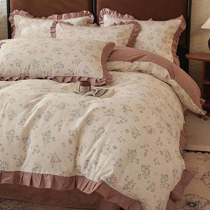LifeTB Vintage Flower Duvet Cover Set Queen Romantic Girls Ruffle Comforter Cover Princess Lace Bedding Set 100% Cotton Girls Floral Duvet Cover with 2 Pillowcases Botanical Cottagecore Bedding Set