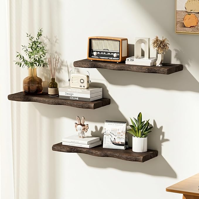 Solid Wood Live Edge Floating Shelves Set of 2 – 36" Rustic Wall Shelf with Hidden Bracket System, Wall Mounted Shelves for Bathroom, Kitchen, Living Room, Bedroom (Charcoal Brown)
