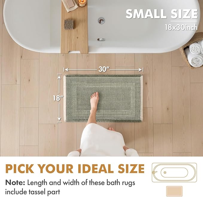 MIULEE Set of 2 Waffle Bathroom Rugs, Boho Bath Rug Super Absorbent, Non Slip Washable Ultra Soft Rubber Backed Shower Bath Mats for Floor, Tub, Shower, Looped Design, Green & Cream, 18x30 Inch