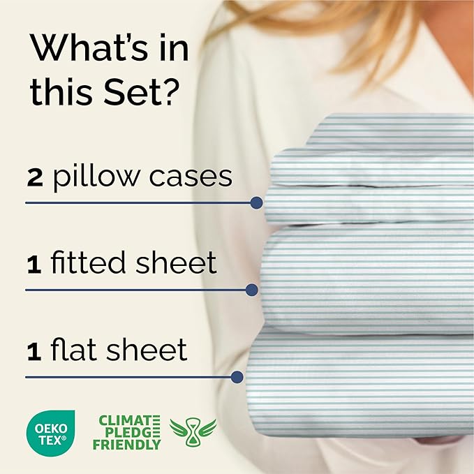 Striped Sheets - Blue & White Striped Sheets - 1 Flat & 1 Fitted & 2 Pillowcases w/ Deep Pockets – Wrinkle & Fade Free - Soft, Breathable and Cooling - Luxury Pinstripe Bedding - Queen Size Bed Set
