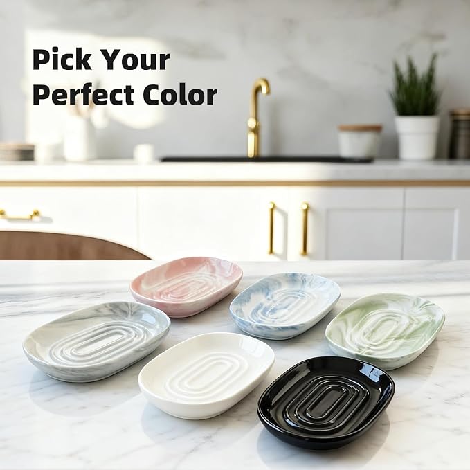 Ceramic Soap Dish for Bath Sink- Modern White Bar Soap Holder for Shower - Easy to Clean Multi-Purpose Oval Soap Dishes for Soap Bar, Sponges, Jewelry, Small Items | Fits Bathroom & Kitchen