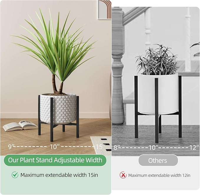 Adjustable Metal Plant Stand Indoor, Fits 9-15 Inch Pots, Mid Century Modern Gold Planter Holder,2 Heights, Heavy Duty 160 lb, Indoor Outdoor Corner Floor Pot Stand, Black