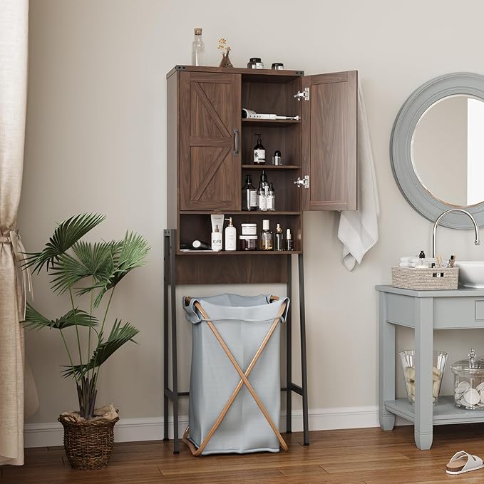Vabches Over The Toilet Storage Cabinet with 2-Door Design Bathroom Organizers and Storage with Anti-Tip Device Over Toilet Organizer with Shelves for Bathroom,Restroom,Laundry Espresso