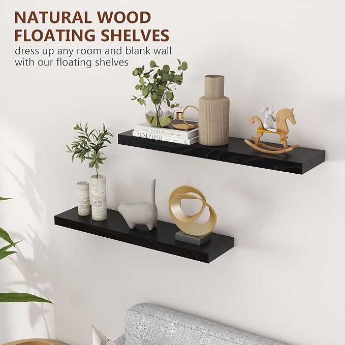 fuqing 30 Inch Floating Shelves for Wall, Black Wood Floating Shelves Set of 2, 30 Inch Wide x 6.7 Inch Deep Wooden Shelves for Living Room Bedroom Bathroom Home Office