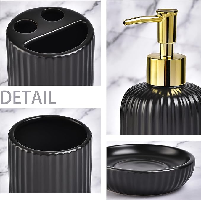 Black Bathroom Accessories Set, 4PC Ceramic Bathroom Sets Complete-Toothbrush Holders, Soap Dispenser, Soap Dish, Toothbrush Cup, Stylish Black Gold Bathroom Decor, Bathroom Organizer for Countertop