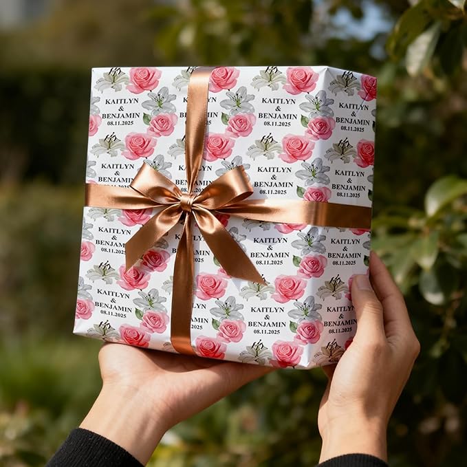 Fosteonix Custom Blooming Love Gift Wrapping Paper, Ideal for Couples Women Men, Personalized Floral Wrapping Paper for Christmas Birthday Wedding Party 58" x 23" Gift Wrap Roll
