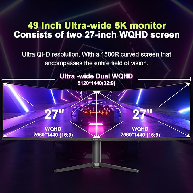 Amzfast 49 Inch Curved Monitor 120Hz DQHD 5120x1440p Ultrawide Gaming Monitor, 120% sRGB, 1500R, 1ms MPRT, HDR, Adaptive Sync, PIP/PBP, Height Adjustable, HDMI 2.0/DP 1.4, VESA 75x75, AMZG49C7U