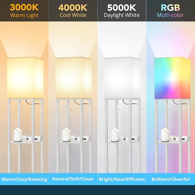 Mlambert Modern Shelf Floor Lamp with Wireless Charger & Fast Charging USB Ports & Type C Port & 2 Power Outlets,3 Tier Storage Lamp for Bedroom,Grey