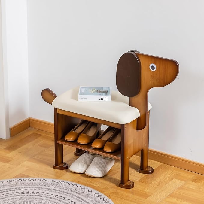 SOBIBO Shoe Bench with Cushion, 2-Tier Dog Entryway Bench Cute, Wood Shoe Rack Bench,19.69 inches