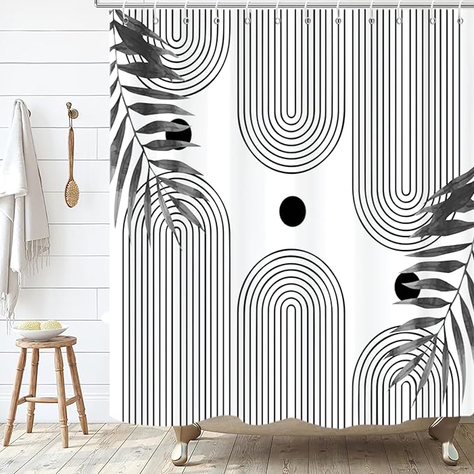 Boho Mid Century Modern Shower Curtain, Abstract Arch Leaf Minimalist Sun Black and White Machine Washable Waterproof Fabric for Bathroom Decor Bathtub with Hooks 72Wx78H