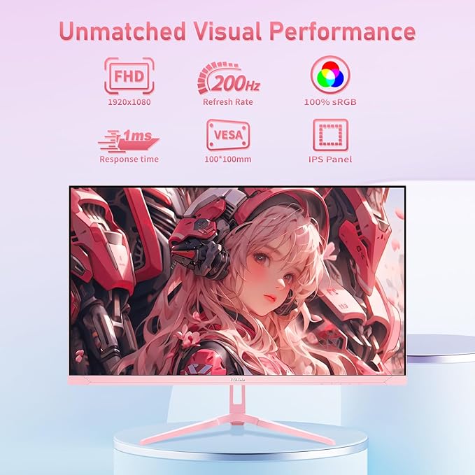 24 inch 200Hz Gaming Monitor, FHD 1080P Fast IPS PC Gaming Monitor, 1ms, freesync, 99% sRGB, USB/DisplayPort/HDMI/Eye Care/VESA Mountable-Pink