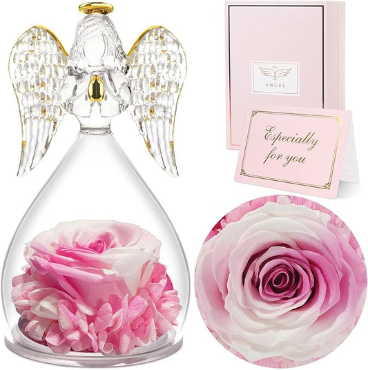 Sunia Preserved Flower Rose Gift for Women - Mother's Day Birthday Gifts for Mom Wife Grandma, Glass Angel Figurines Forever Real Roses Gifts for Her Valentine Day Thanksgiving﻿ (Gradient Pink)
