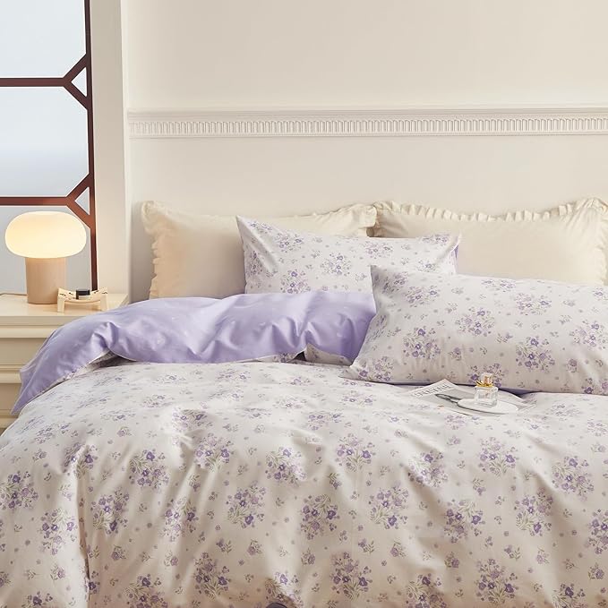 LifeTB Purple Flower Duvet Cover Full 100% Cotton Girls Floral Comforter Cover Vintage Style Botanical Flower Boho Floral Cottagecore Comforter Cover with 2 Pillowcases