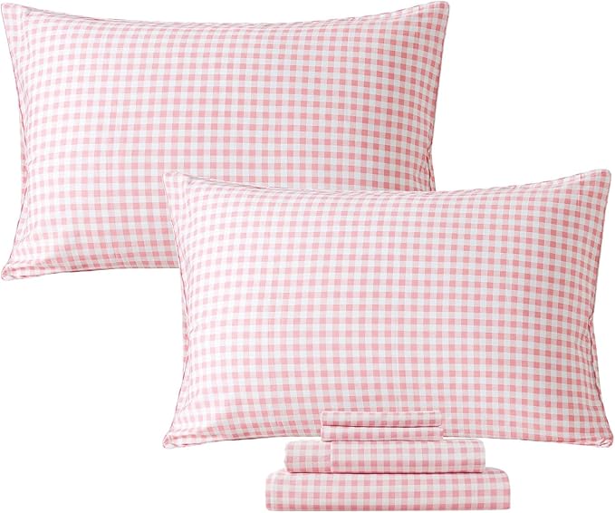 FADFAY Pink Plaid Twin Size Sheets 100% Cotton Geometric Checker Bedding Teens Grid White Gingham Pattern College Bedding Deep Pocket Sheets with 2 Pillowcases Ultra Soft 4pcs, Twin Size