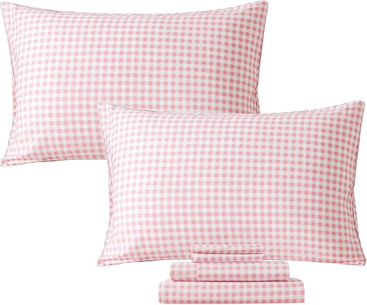 FADFAY Pink Plaid Twin Size Sheets 100% Cotton Geometric Checker Bedding Teens Grid White Gingham Pattern College Bedding Deep Pocket Sheets with 2 Pillowcases Ultra Soft 4pcs, Twin Size