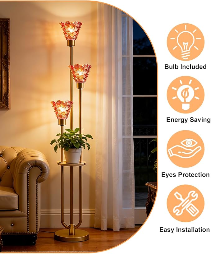 Lightdot Glass Floor Lamp with Shelf Mid Century Modern Gold Floor Lamps with Rose Red Glass Shade & Warm White Bulbs Included Standing Tall Lamp with 5Lbs Heavy Base for Living Room/Wedding/Office