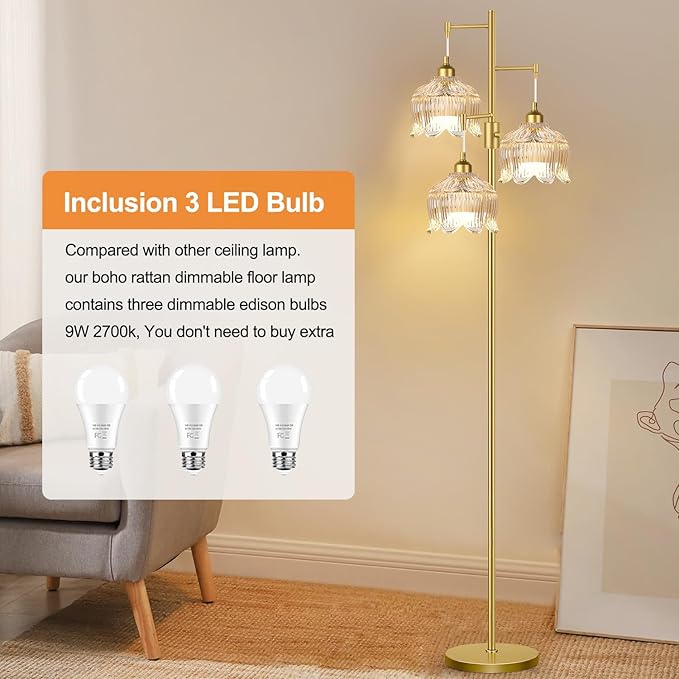 Dimmable Floor Lamps for Living Room Bedroom,Gold Floor Lamp with Glass Lampshape 3 Color Temperatures, Flower Mid Century Modern Standing Lamp Glass Tall Floor Lamps for Living Room Bedroom,Corner