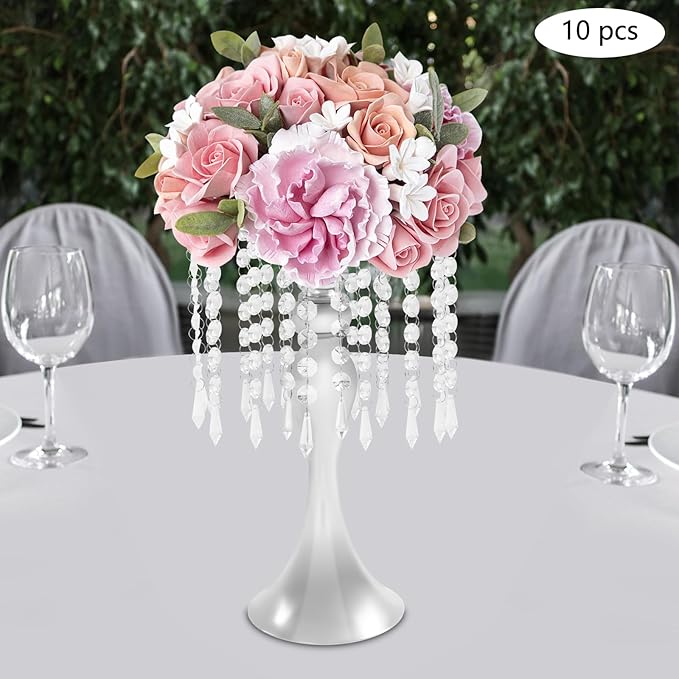 Flower Stand Vase, 10 Pcs Glam Crystal Wedding Reception Decorations with Sparkling Beads Table Center Display Flower Arrangement Flower Stand Metal Vase for Event Party Decor (Silver, H:13.78in)