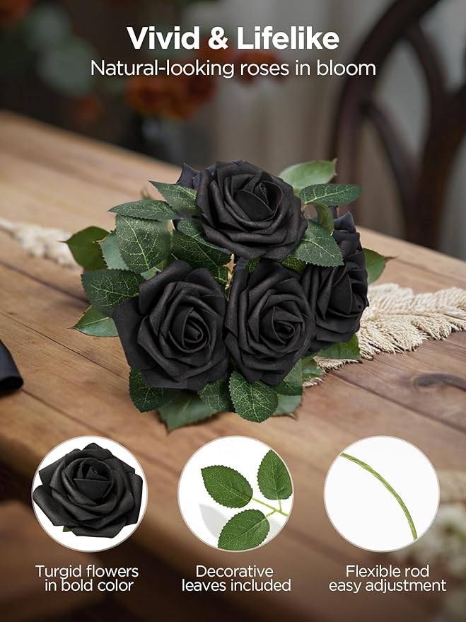 InnoGear Artificial Flowers, 50 Pcs Black Foam Fake Roses Bulk with Stems for Decoration DIY Wedding Bouquets Centerpieces Bridal Shower Party Valentines Christmas Tree