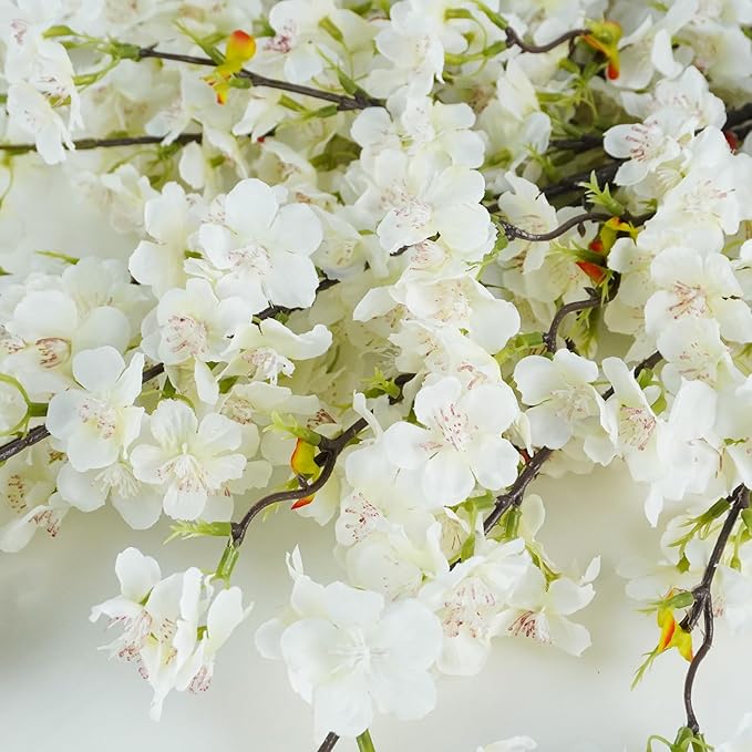 8 Pcs Artificial Cherry Blossom Flowers 40" Faux Silk Cherry Blossom Stems Fake Real Touch Peach Branches for Wedding Home Garden Japanese Decor White