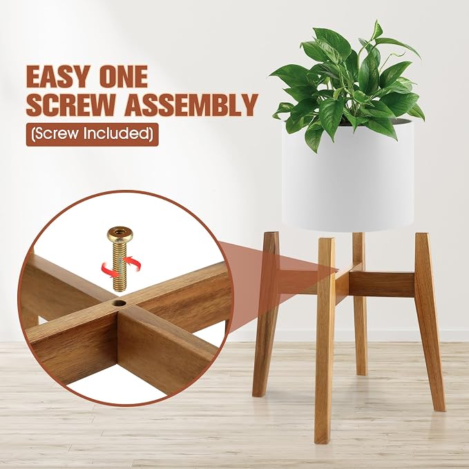 RAINBLELAND Indoor Plant Stand, Mid Century Modern Plant Holder, Pot Stand for Large Plants, Stable Wood Planter Stand for Indoor Outdoor, Fit 11 Inch Pots